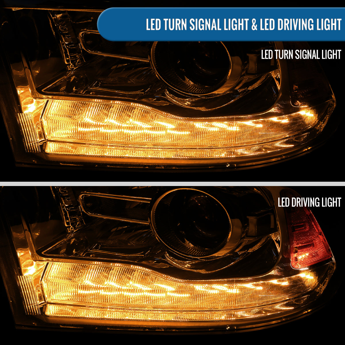 Ronnin - Fits 2013-2018 Ram 1500 2500 3500 2019-2024 Ram 1500 Classic Factory Upgraded Replacement Projector Headlights Amber Running Lights Assembly Pair | Chrome