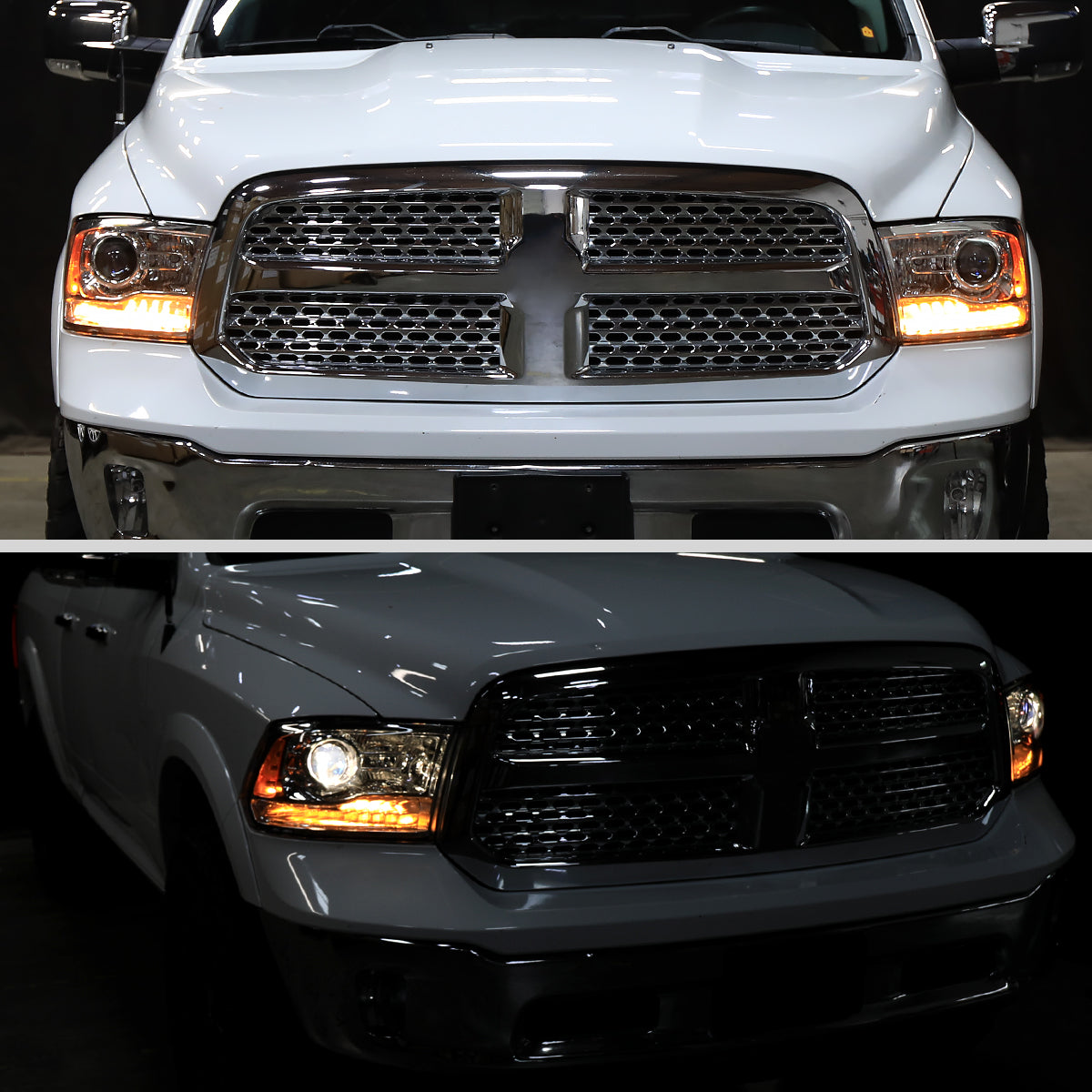 Ronnin - Fits 2013-2018 Ram 1500 2500 3500 2019-2024 Ram 1500 Classic Factory Upgraded Replacement Projector Headlights Amber Running Lights Assembly Pair | Chrome