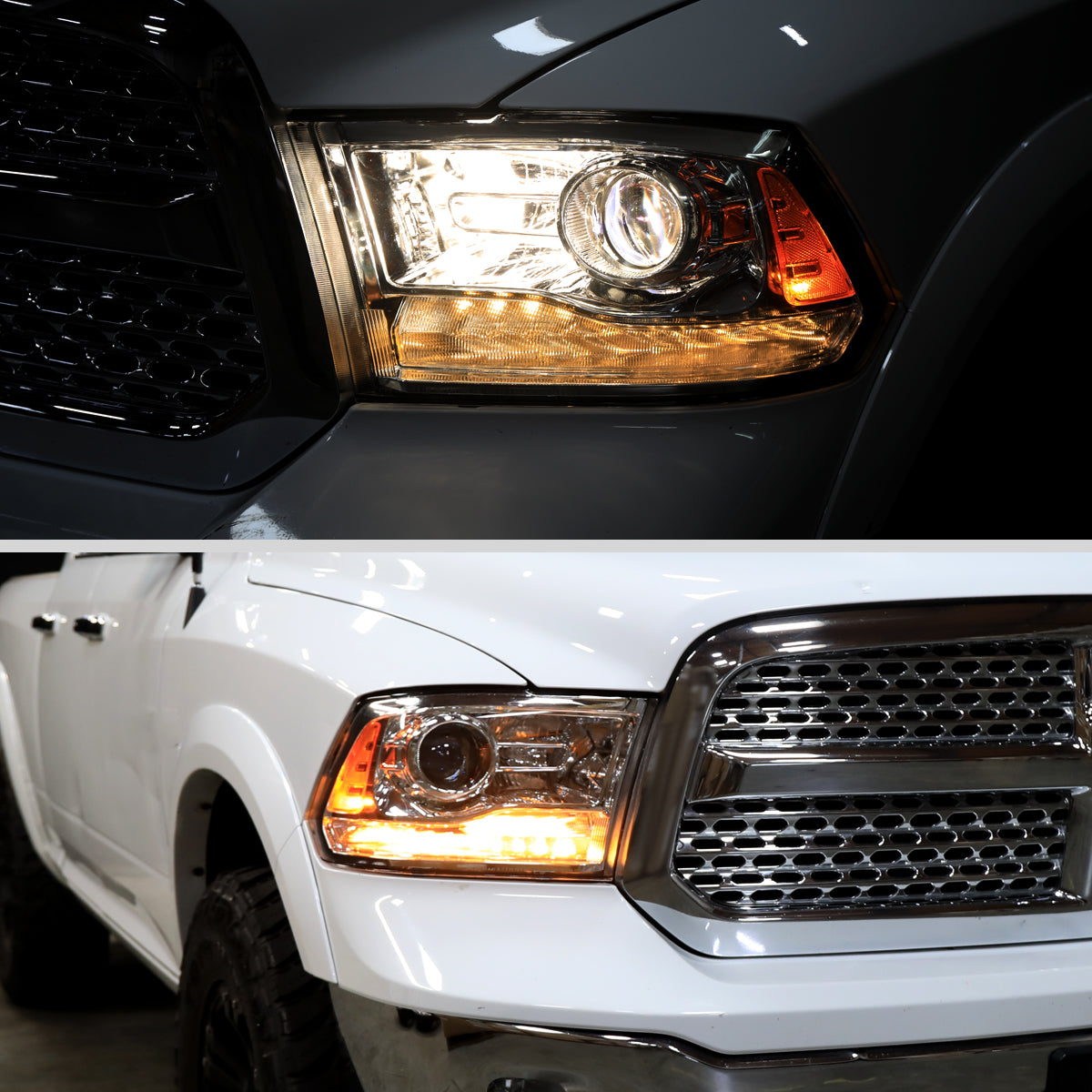 Ronnin - Fits 2013-2018 Ram 1500 2500 3500 2019-2024 Ram 1500 Classic Factory Upgraded Replacement Projector Headlights Amber Running Lights Assembly Pair | Chrome