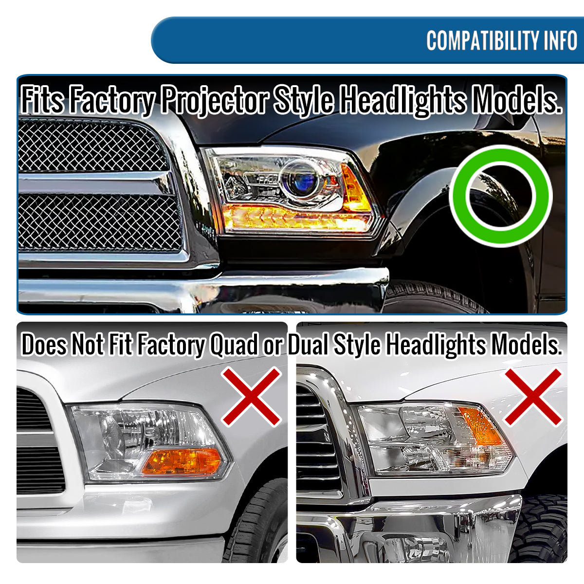Ronnin - Fits 2013-2018 Ram 1500 2500 3500 2019-2024 Ram 1500 Classic Factory Upgraded Replacement Projector Headlights Amber Running Lights Assembly Pair | Chrome