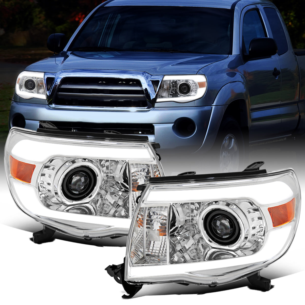 Ronnin - Fits 2005-2011 Toyota Tacoma LED Tube Projector Headlights Assembly Head Lamps Replacement Pair | Chrome