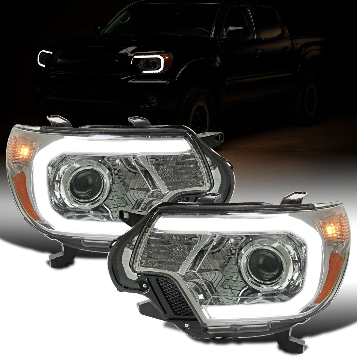 Ronnin - Fits 2012-2015 Toyota Tacoma Upgraded LED Running Tube Lights Projector Headlights Replacement Assembly Pair | Smoke