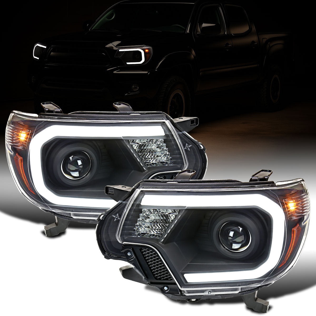 Ronnin - Fits 2012-2015 Toyota Tacoma Upgraded LED Running Tube Lights Projector Headlights Replacement Assembly Pair | Black