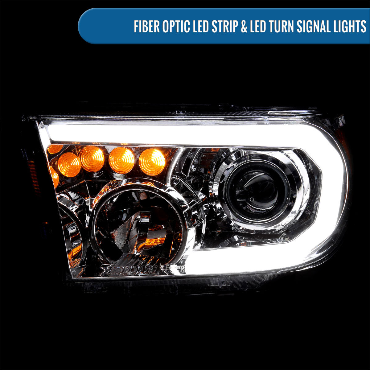 Ronnin - Fits 2007-2013 Toyota Tundra 2008-2017 Toyota Sequoia Upgraded LED Running Tube Lights Turn Signals Projector Headlights Assembly Pair | Chrome