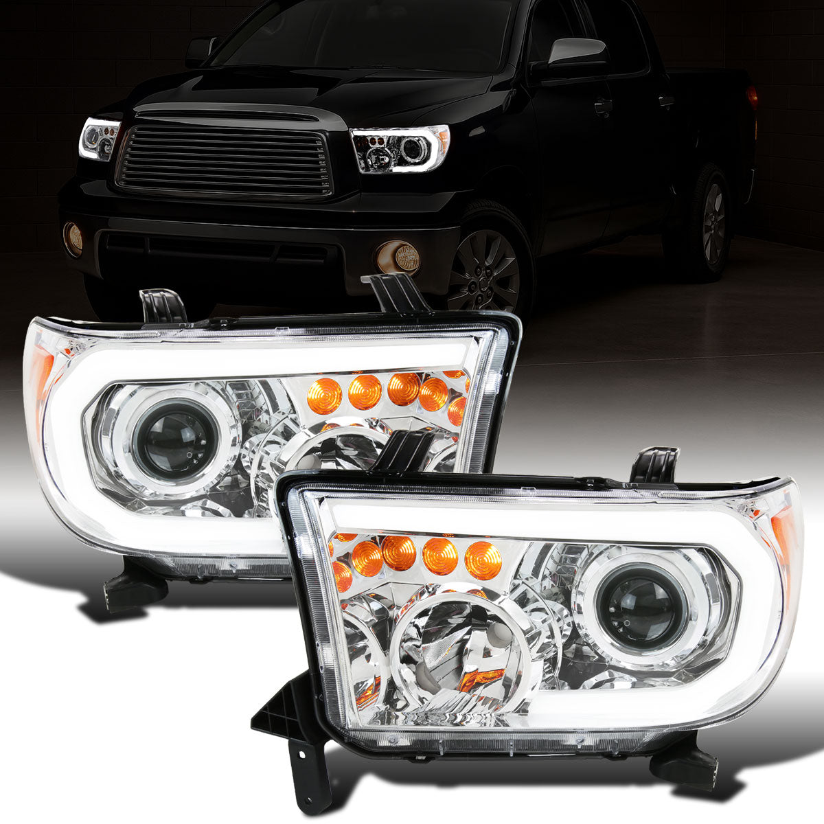 Ronnin - Fits 2007-2013 Toyota Tundra 2008-2017 Toyota Sequoia Upgraded LED Running Tube Lights Turn Signals Projector Headlights Assembly Pair | Chrome