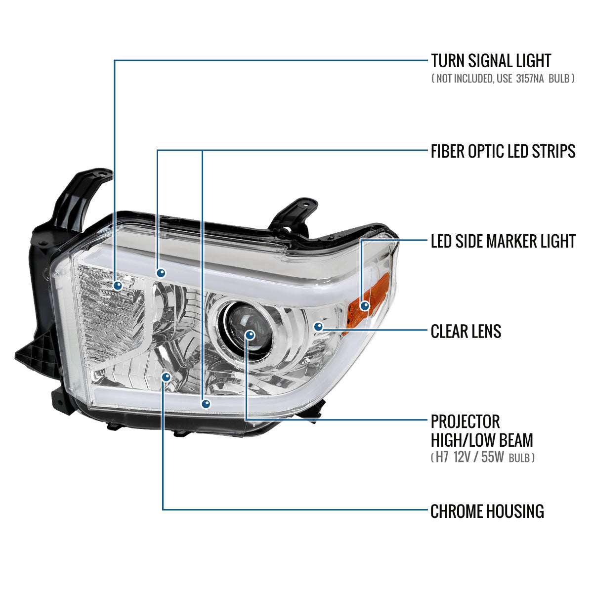 Ronnin - Fits 2014-2021 Toyota Tundra Upgraded Replacement LED Running Light Tube Halogen Projector Headlights Assembly Pair | Chrome