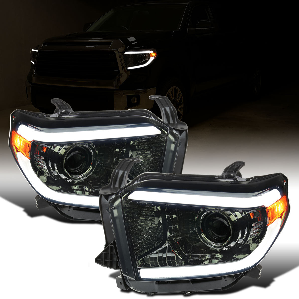 Ronnin - Fits 2014-2021 Toyota Tundra Upgraded Replacement LED Running Light Tube Halogen Projector Headlights Assembly Pair | Smoke