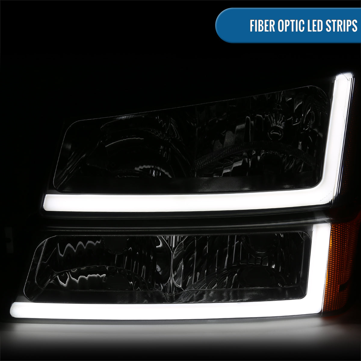 Ronnin - Fits 2003-2006 Chevy Silverado 1500 2500 3500 2002-2006 Avalanche Upgraded LED Running Tube Light Headlights + Bumper Lamps Replacement Assembly Pair | Smoke