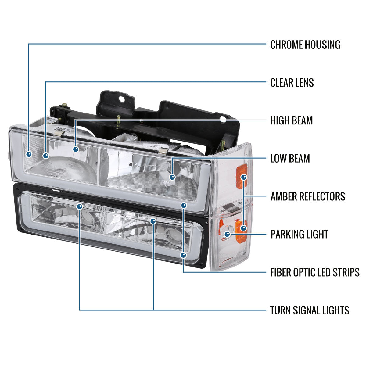 Ronnin - Fits 1988-1993 Chevy GMC C10 C/K 1500 2500 3500 Suburban Blazer Tahoe Silverado Sierra Upgraded LED Running Tube Lights Headlights + Bumper Lights + Corner Lamps Assembly Pair | Chrome