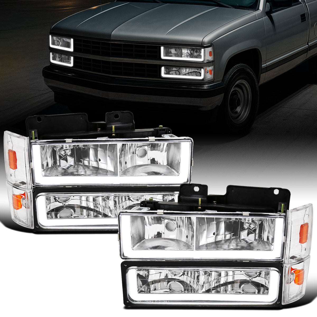 Ronnin - Fits 1988-1993 Chevy GMC C10 C/K 1500 2500 3500 Suburban Blazer Tahoe Silverado Sierra Upgraded LED Running Tube Lights Headlights + Bumper Lights + Corner Lamps Assembly Pair | Chrome