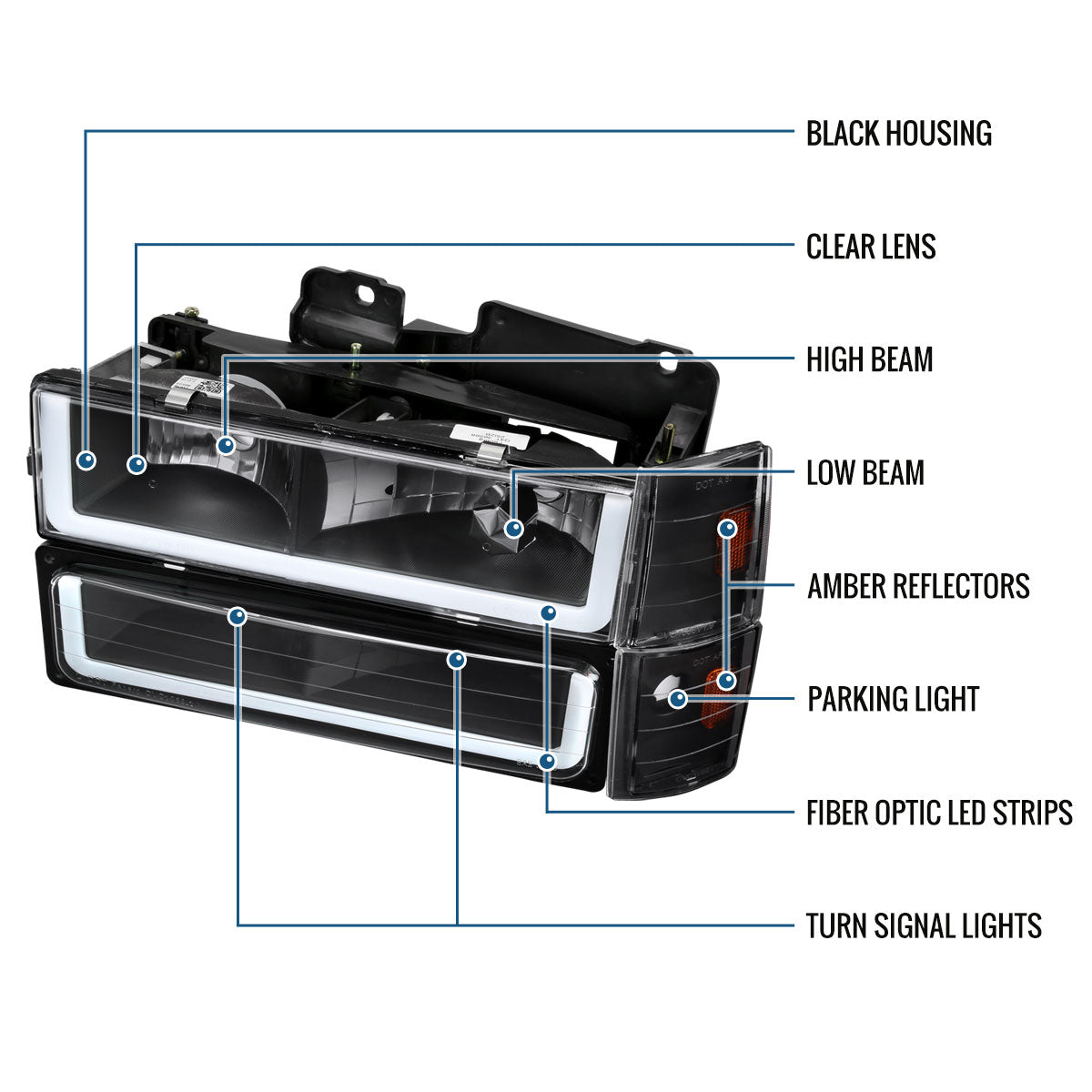 Ronnin - Fits 1988-1993 Chevy GMC C10 C/K 1500 2500 3500 Suburban Blazer Tahoe Silverado Sierra Upgraded LED Running Tube Lights Headlights + Bumper Lights + Corner Lamps Assembly Pair | Black
