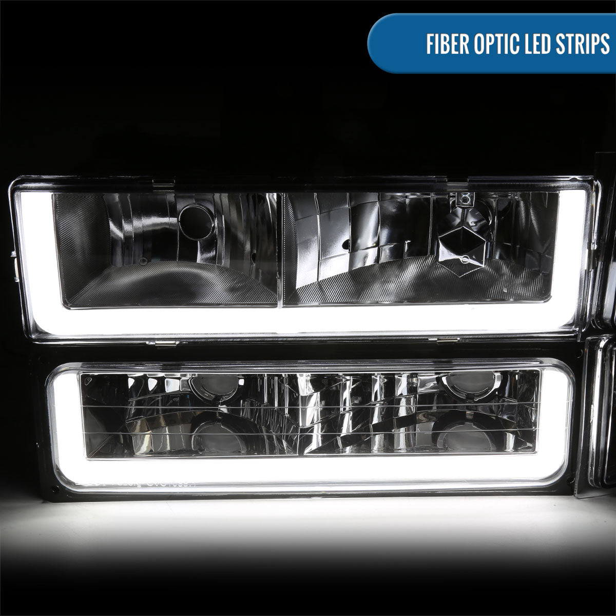 Ronnin - Fits 1994-1998 Chevy C10 C/K Silverado Suburban Tahoe LED Running Tube Lights Headlights + Corner Bumper Parking Lights Assembly Pair | Chrome