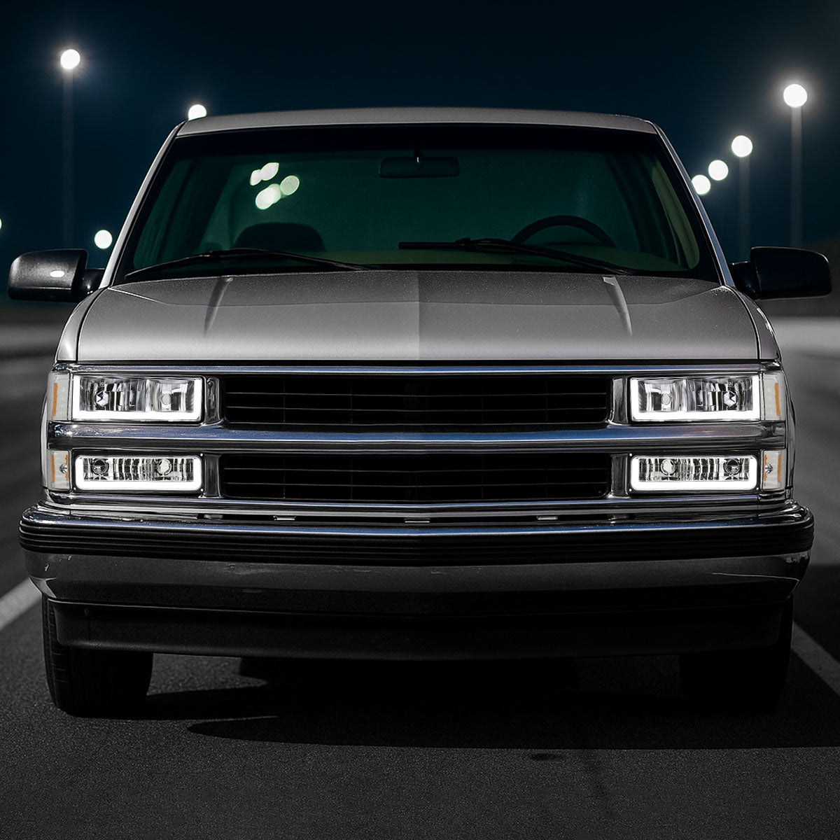 Ronnin - Fits 1994-1998 Chevy C10 C/K Silverado Suburban Tahoe LED Running Tube Lights Headlights + Corner Bumper Parking Lights Assembly Pair | Chrome