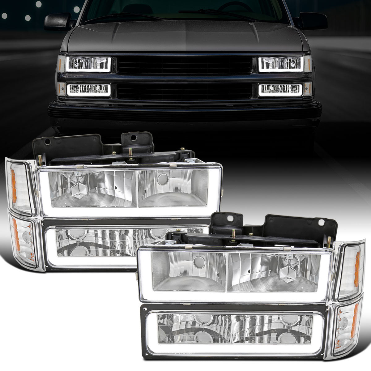 Ronnin - Fits 1994-1998 Chevy C10 C/K Silverado Suburban Tahoe LED Running Tube Lights Headlights + Corner Bumper Parking Lights Assembly Pair | Chrome