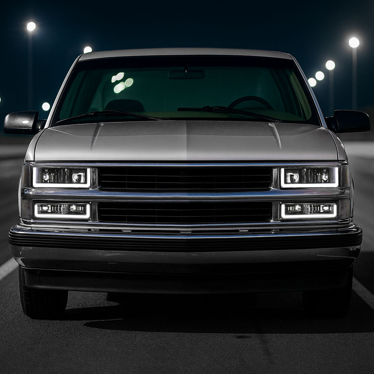 Ronnin - Fits 1994-1998 Chevy C10 C/K Silverado Suburban Tahoe LED Running Tube Lights Headlights + Corner Bumper Parking Lights Assembly Pair | Black