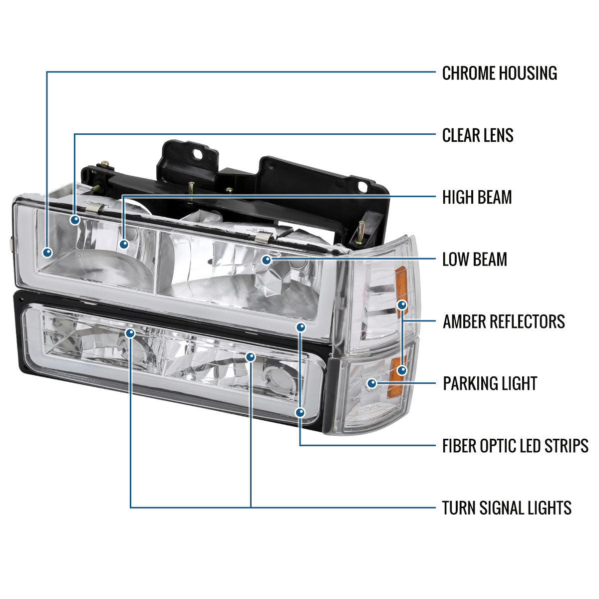 Ronnin - Fits 1994-1999 GMC C10 C/K Suburban Sierra Yukon LED Running Tube Lights Headlights + Corner Bumper Parking Lamps Replacement Set Pair | Chrome