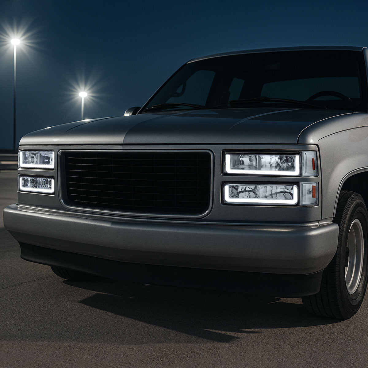 Ronnin - Fits 1994-1999 GMC C10 C/K Suburban Sierra Yukon LED Running Tube Lights Headlights + Corner Bumper Parking Lamps Replacement Set Pair | Chrome