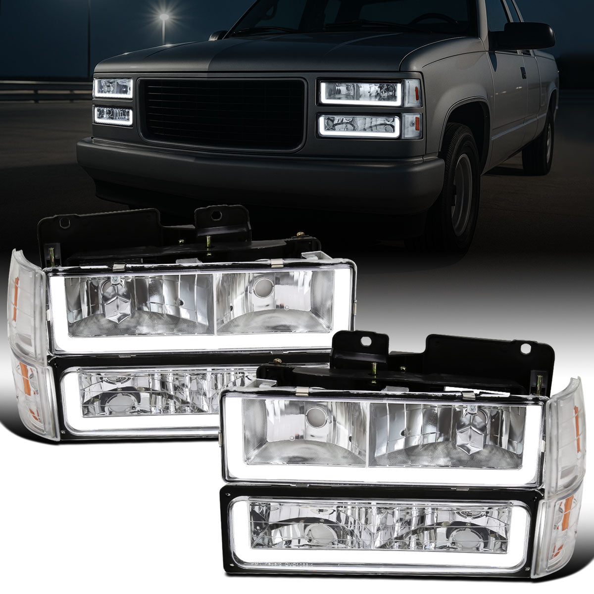 Ronnin - Fits 1994-1999 GMC C10 C/K Suburban Sierra Yukon LED Running Tube Lights Headlights + Corner Bumper Parking Lamps Replacement Set Pair | Chrome