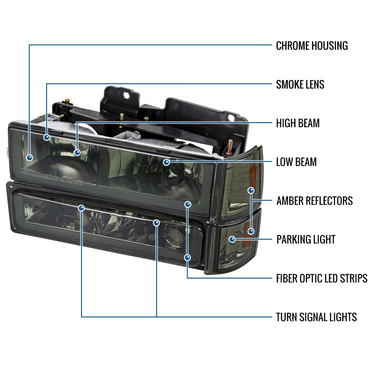 Ronnin - Fits 1994-1999 GMC C10 C/K Suburban Sierra Yukon LED Running Tube Lights Headlights + Corner Bumper Parking Lamps Replacement Set Pair | Smoke
