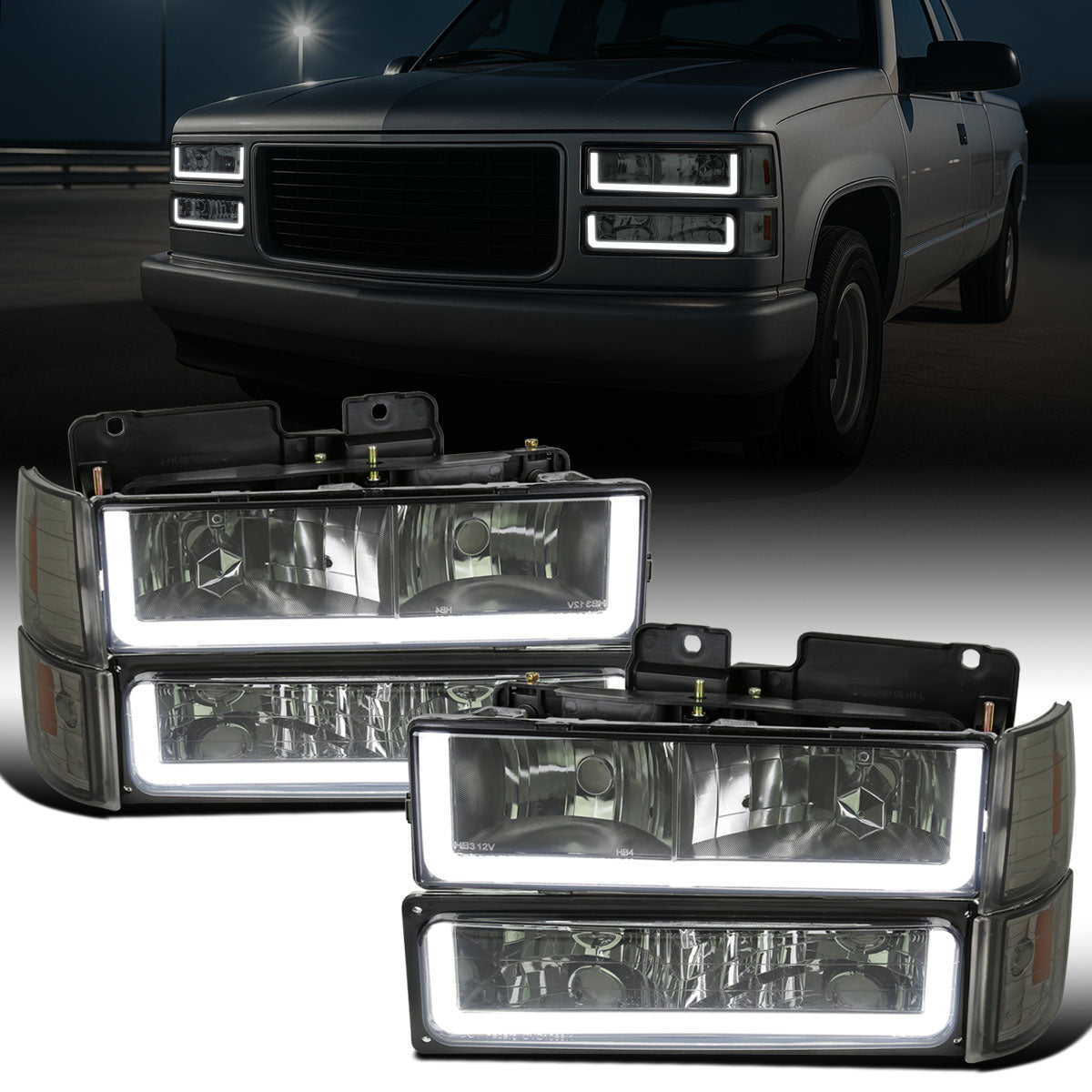Ronnin - Fits 1994-1999 GMC C10 C/K Suburban Sierra Yukon LED Running Tube Lights Headlights + Corner Bumper Parking Lamps Replacement Set Pair | Smoke