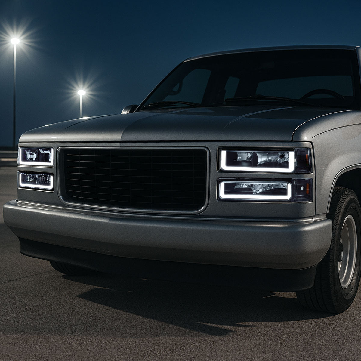 Ronnin - Fits 1994-1999 GMC C10 C/K Suburban Sierra Yukon LED Running Tube Lights Headlights + Corner Bumper Parking Lamps Replacement Set Pair | Black
