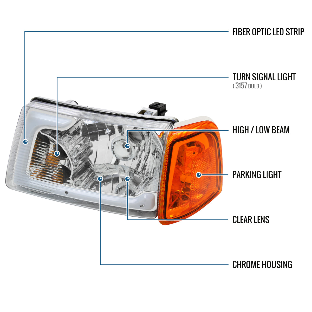 Ronnin - Fits 2001-2011 Ford Ranger Upgraded LED Running Tube Lights Headlights + Amber Corner Lamps Replacement Assembly Pair | Chrome