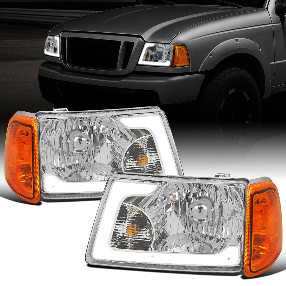 Ronnin - Fits 2001-2011 Ford Ranger Upgraded LED Running Tube Lights Headlights + Amber Corner Lamps Replacement Assembly Pair | Chrome