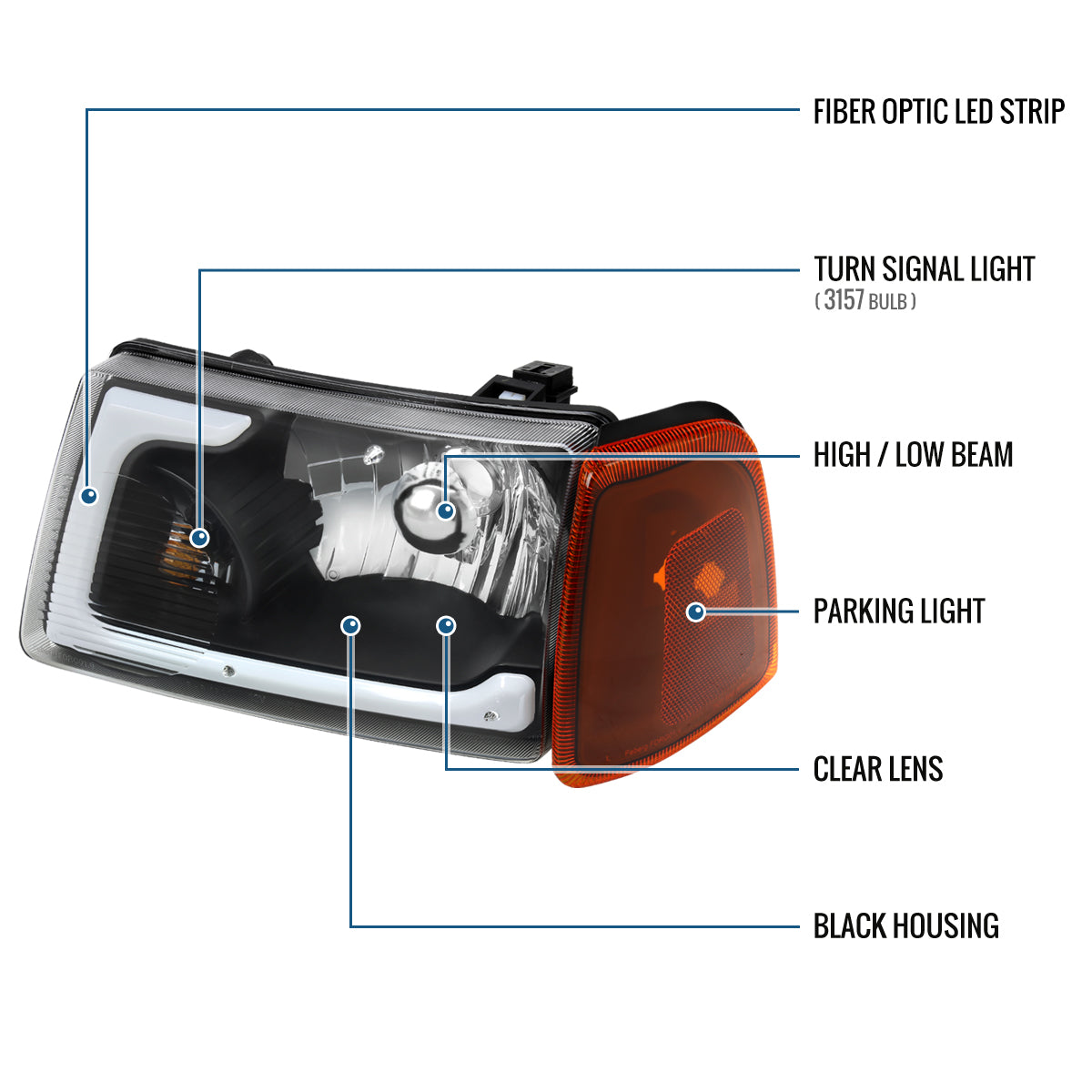 Ronnin - Fits 2001-2011 Ford Ranger Upgraded LED Running Tube Lights Headlights + Amber Corner Lamps Replacement Assembly Pair | Black