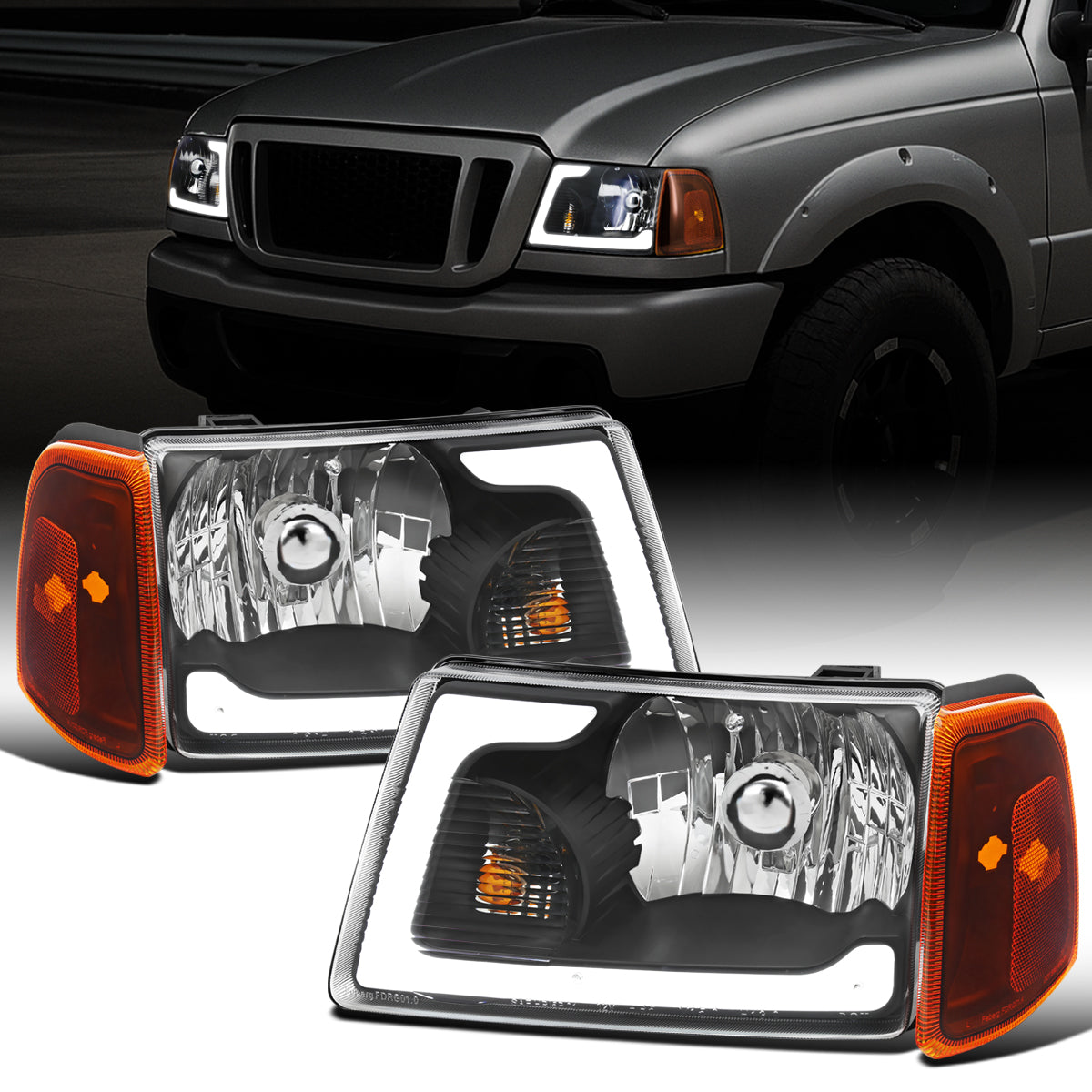 Ronnin - Fits 2001-2011 Ford Ranger Upgraded LED Running Tube Lights Headlights + Amber Corner Lamps Replacement Assembly Pair | Black