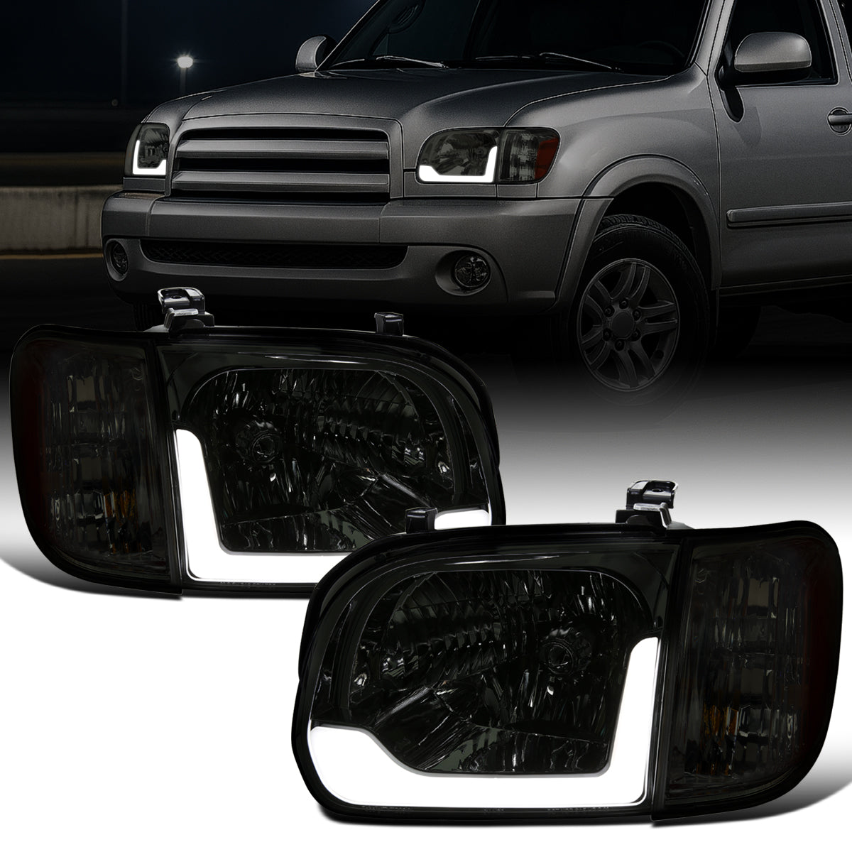Ronnin - Fits 2005-2006 Toyota Tundra 2005-2007 Sequoia Upgraded LED Running Tube Lights Headlights + Corner Lights Replacement Assembly Pair | Smoke