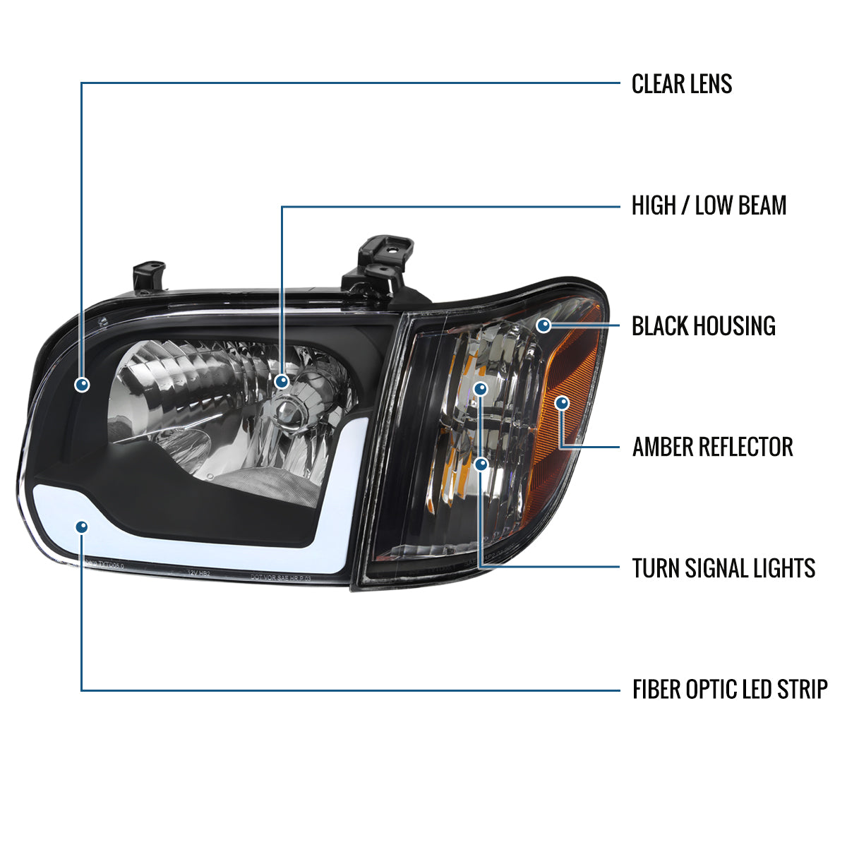 Ronnin - Fits 2005-2006 Toyota Tundra 2005-2007 Sequoia Upgraded LED Running Tube Lights Headlights + Corner Lights Replacement Assembly Pair | Black