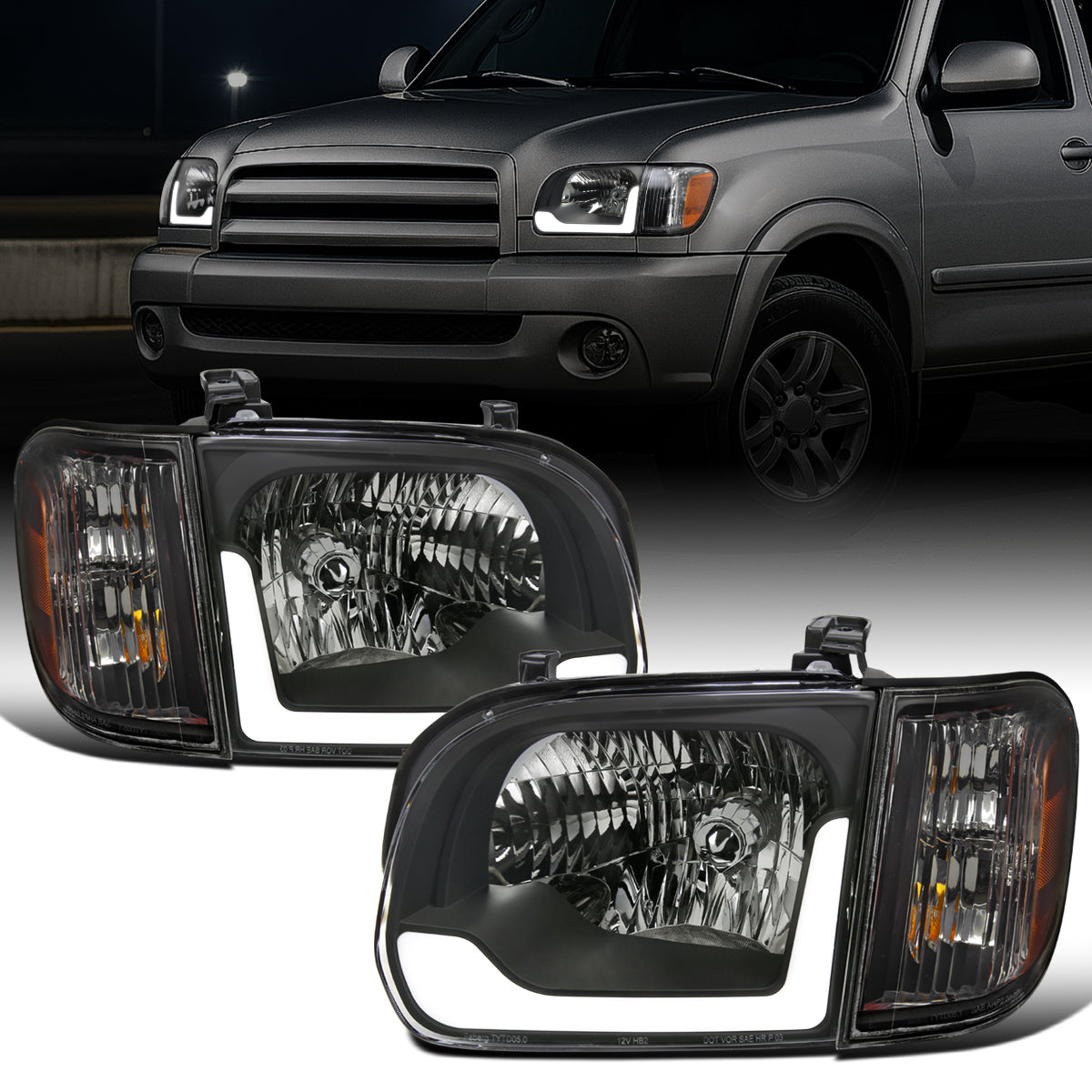 Ronnin - Fits 2005-2006 Toyota Tundra 2005-2007 Sequoia Upgraded LED Running Tube Lights Headlights + Corner Lights Replacement Assembly Pair | Black