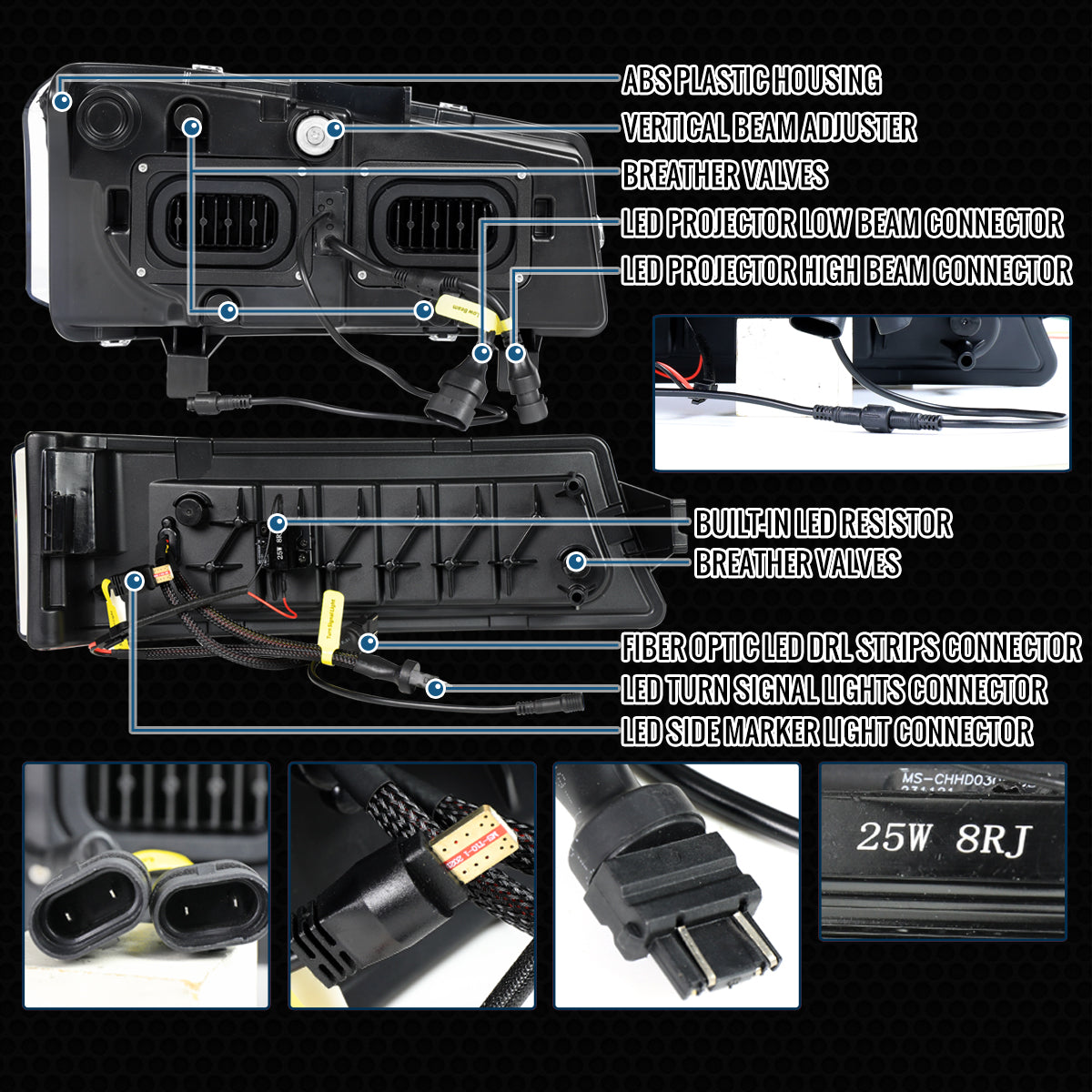 Ronnin - Fits 2003-2006 2007 Chevy Silverado 2002-2006 Avalanche Full LED Projector Headlights + Bumper Lamps DRL Assembly Pair | Glossy Black