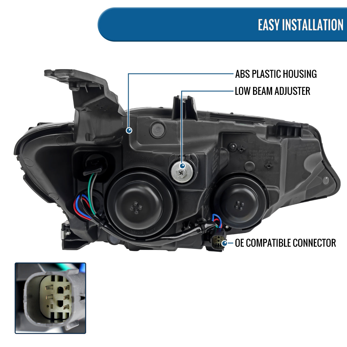 Ronnin - Fits 2019-2024 Chevy Malibu Halogen Projector Headlights Factory Replacement Assembly | Left Driver Side | Glossy Black