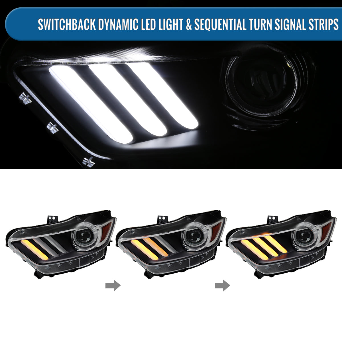Ronnin - Fits 2015-2022 Ford Mustang Coupe Convertible Upgraded HID Xenon Projector Headlights Switchback Sequential Turn Signals + Animated Startup Effect Assembly Pair | Black