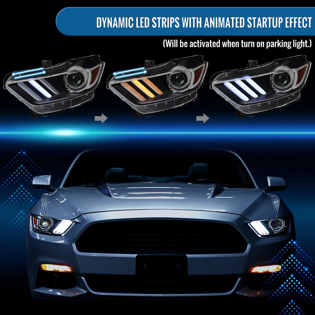 Ronnin - Fits 2015-2022 Ford Mustang Coupe Convertible Upgraded HID Xenon Projector Headlights Switchback Sequential Turn Signals + Animated Startup Effect Assembly Pair | Black