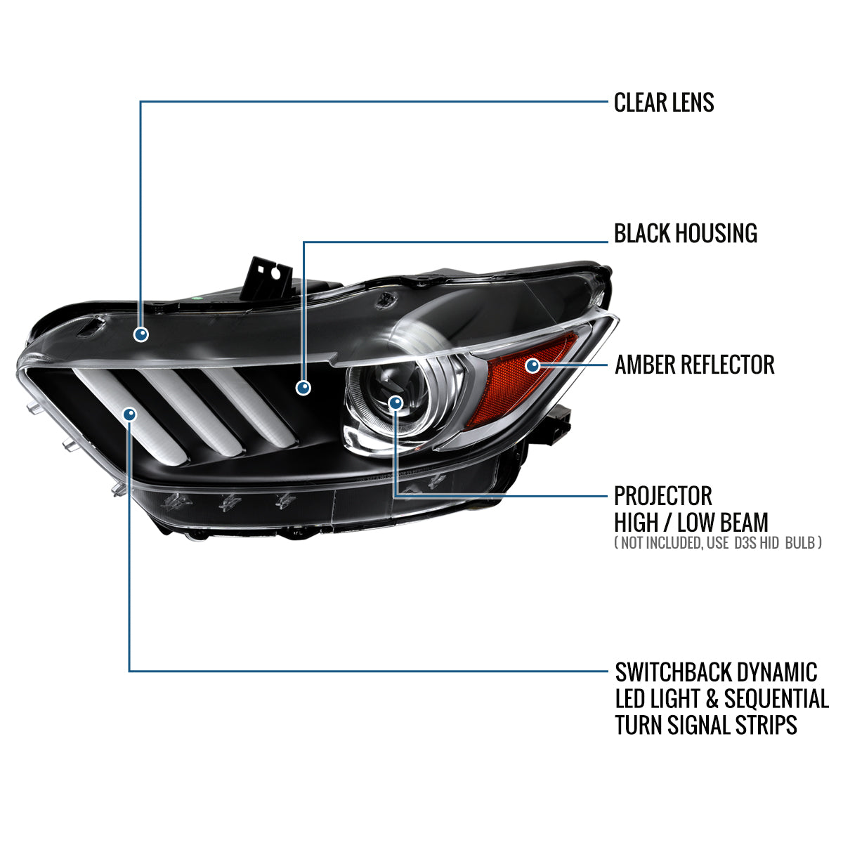 Ronnin - Fits 2015-2022 Ford Mustang Coupe Convertible Upgraded HID Xenon Projector Headlights Switchback Sequential Turn Signals + Animated Startup Effect Assembly Pair | Black