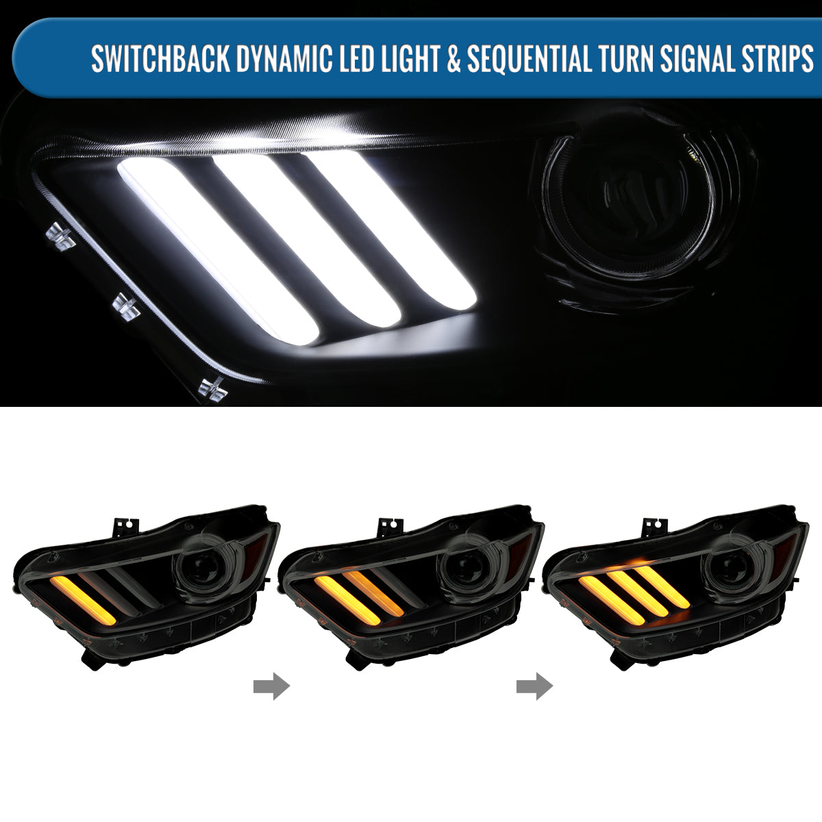 Ronnin - Fits 2015-2022 Ford Mustang Coupe Convertible Upgraded HID Xenon Projector Headlights Switchback Sequential Turn Signals + Animated Startup Effect Assembly Pair | Black Smoke