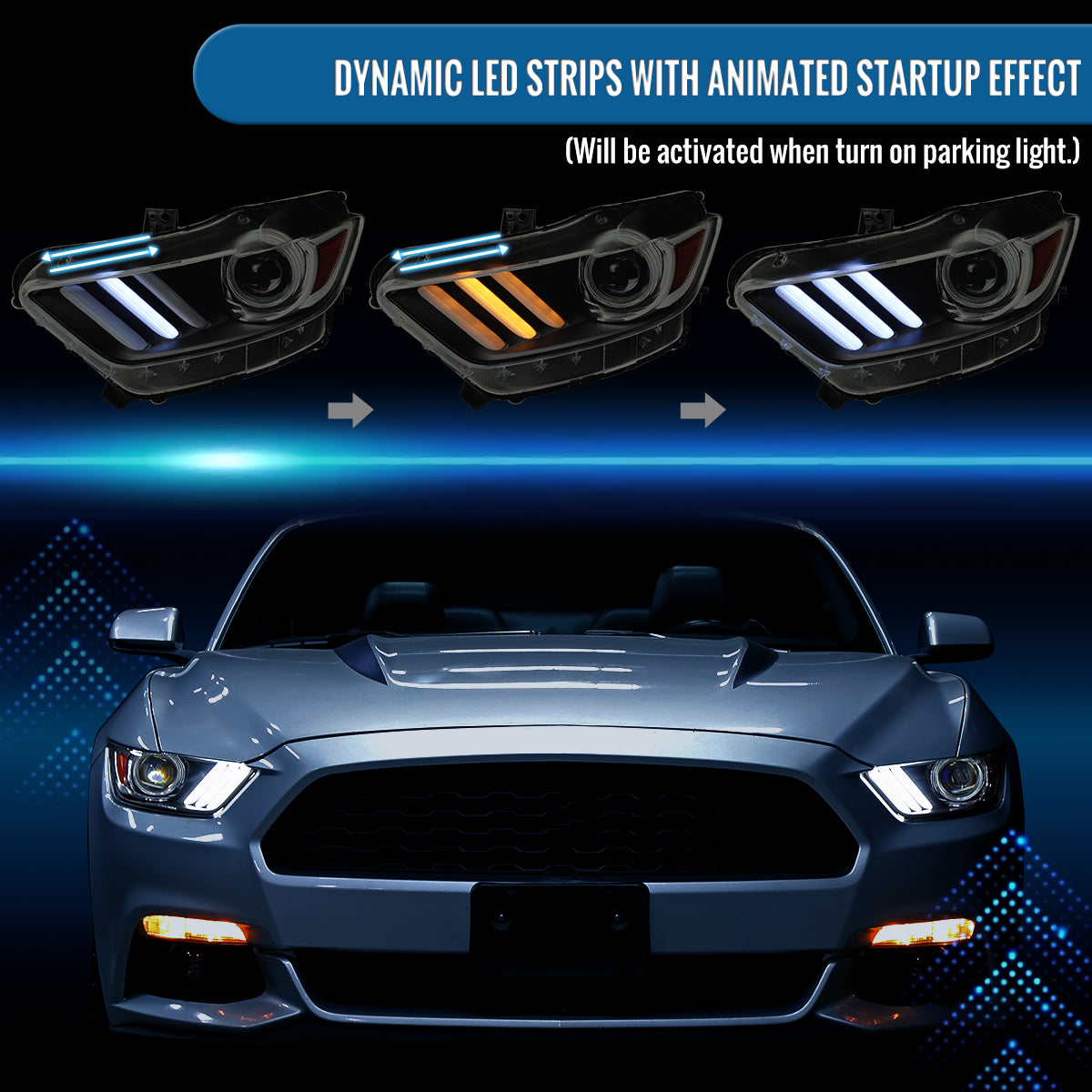 Ronnin - Fits 2015-2022 Ford Mustang Coupe Convertible Upgraded HID Xenon Projector Headlights Switchback Sequential Turn Signals + Animated Startup Effect Assembly Pair | Black Smoke
