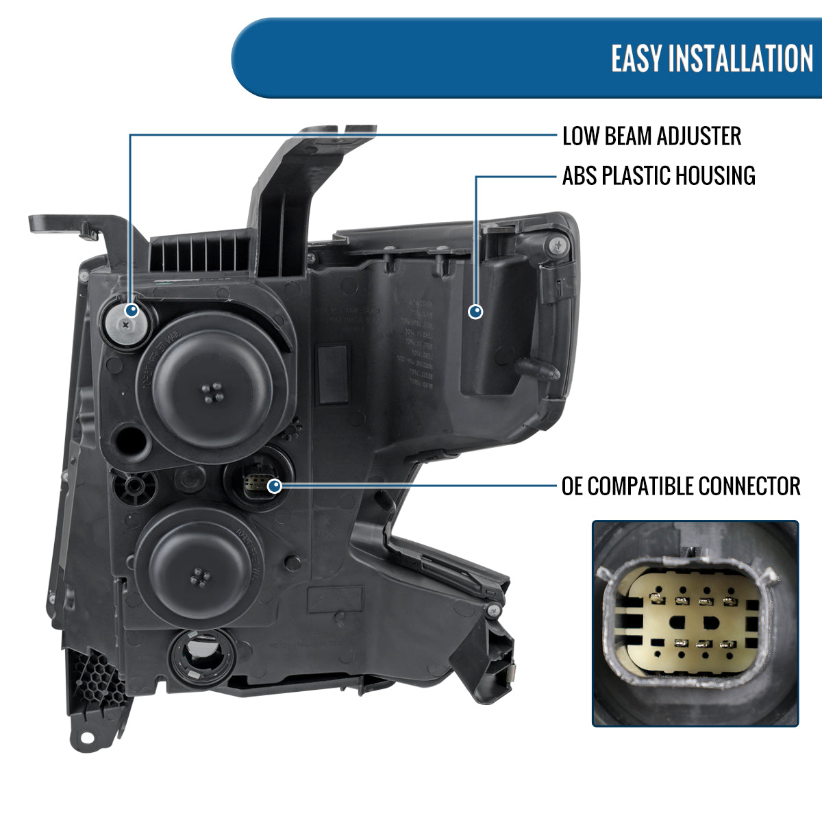 Ronnin - Fits 2015-2020 Chevy Tahoe Suburban Upgraded Replacement LED DRL Halogen Projector Headlights Assembly | Black | Passenger Side