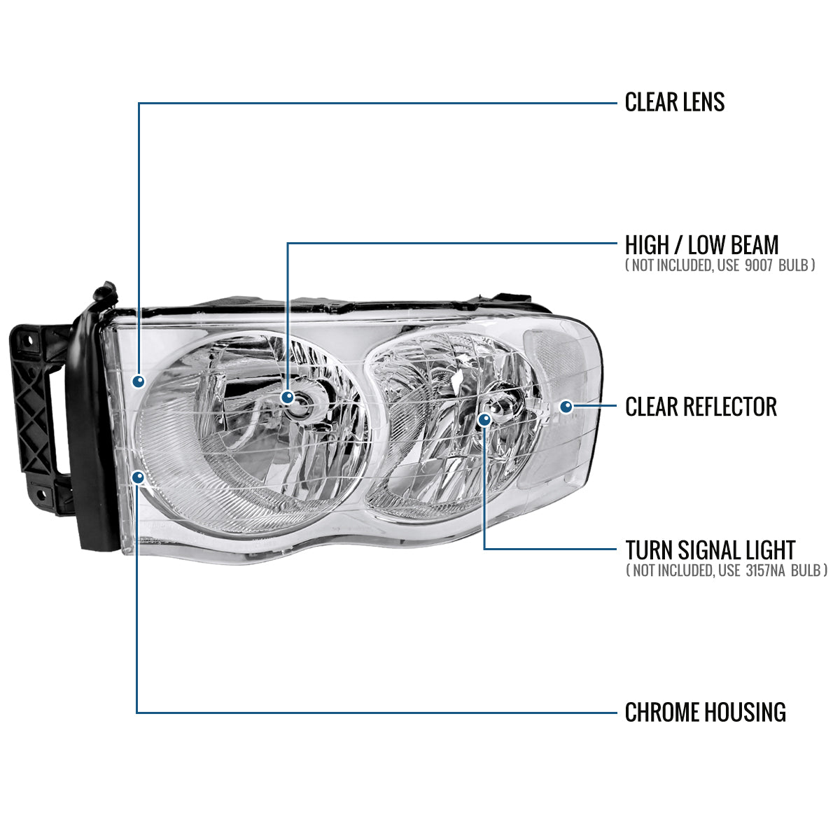 Ronnin - Fits 2002-2005 Dodge Ram 1500 2500 3500 Clear Reflector Factory Style Replacement Headlights Assembly Pair | Chrome