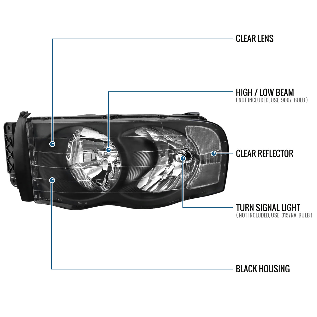 Ronnin - Fits 2002-2005 Dodge Ram 1500 2500 3500 Clear Reflector Factory Style Replacement Headlights Assembly Pair | Black