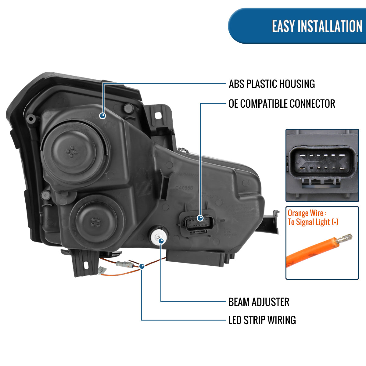 Ronnin - Fits 2003-2007 Cadillac CTS Upgraded Replacement LED Tube Switchback Sequential Turn Signal Halogen Projector Headlights Assembly Pair | Chrome