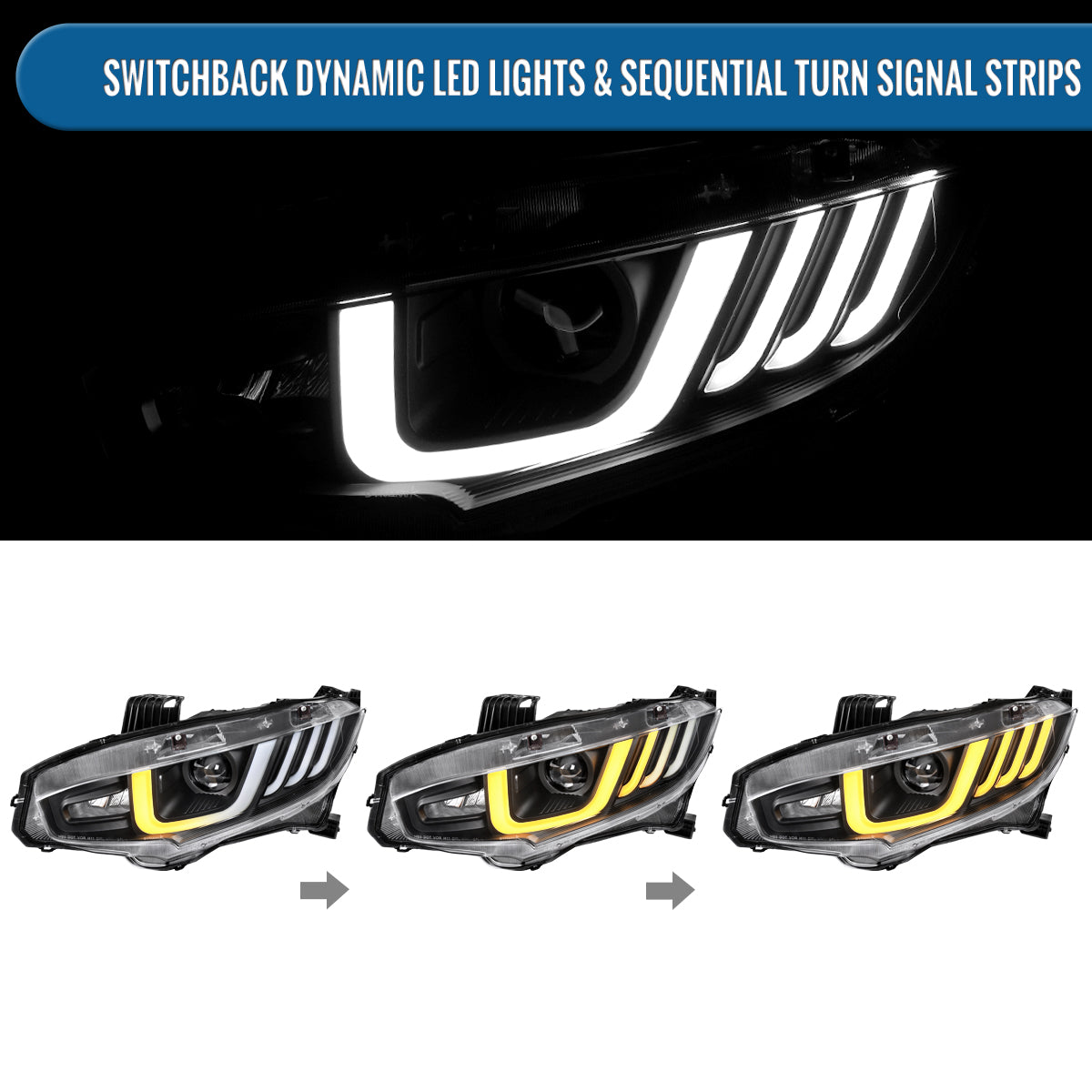 Ronnin - Fits 2016-2021 Honda Civic Halogen Projector High/Low Beam Headlights LED Switchback Sequential Signal + Animated Startup Effect Parking Assembly Pair | Black