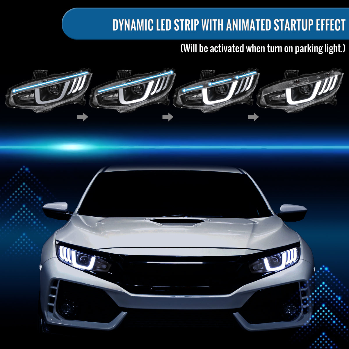 Ronnin - Fits 2016-2021 Honda Civic Halogen Projector High/Low Beam Headlights LED Switchback Sequential Signal + Animated Startup Effect Parking Assembly Pair | Black