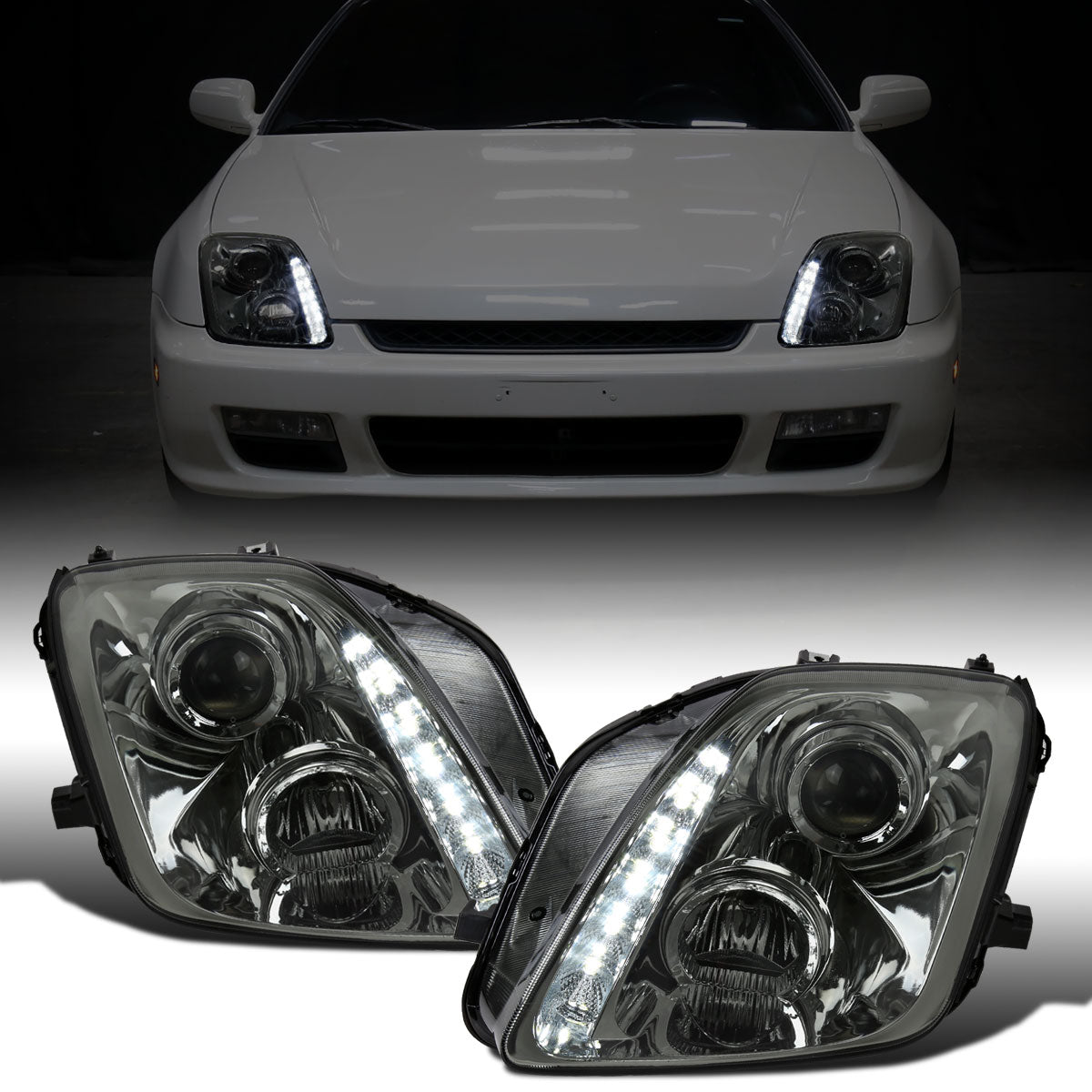 Ronnin - Fits 1997-2001 Honda Prelude Upgraded Replacement Projector Headlights LED Running Lights Assembly Pair | Smoke