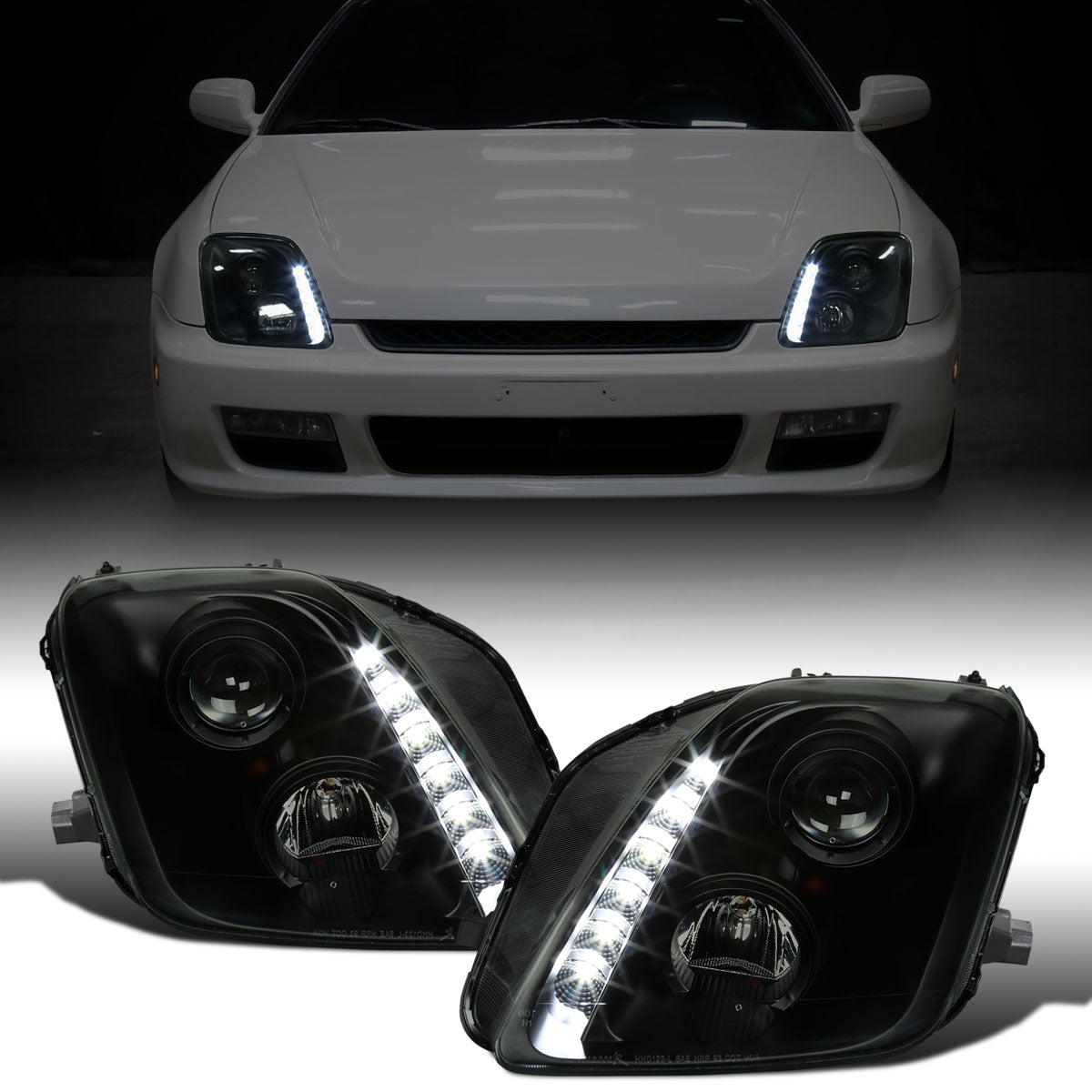 Ronnin - Fits 1997-2001 Honda Prelude Upgraded Replacement Projector Headlights LED Running Lights Assembly Pair | Black Smoke