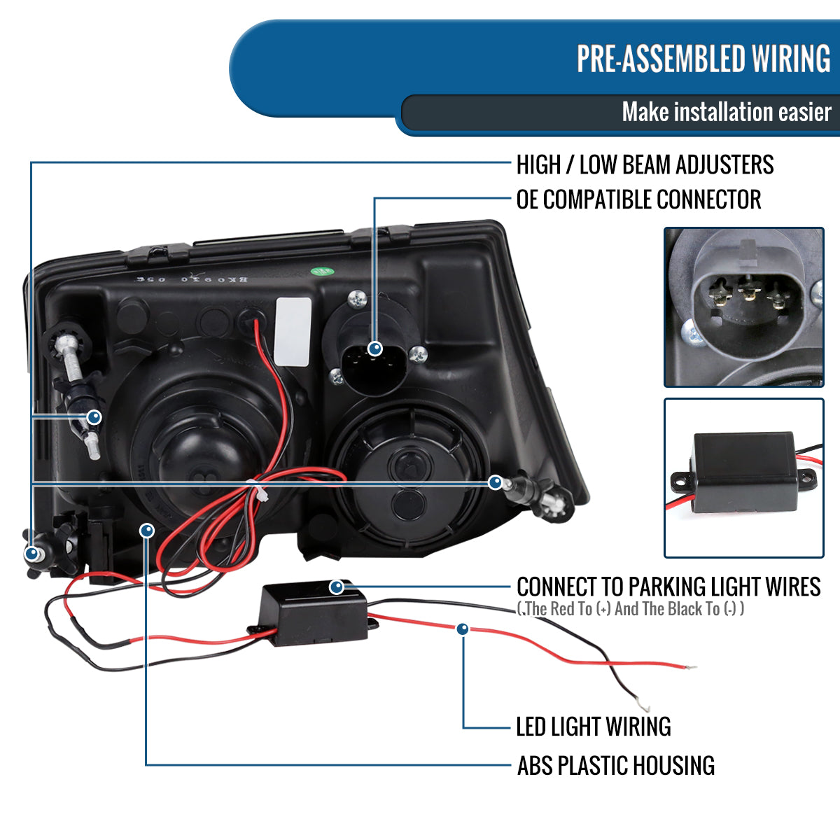 Ronnin - Fits 1998-2000 Ford Ranger LED Halo Rims Projector Headlights Head Lamps Replacement Pair | Chrome