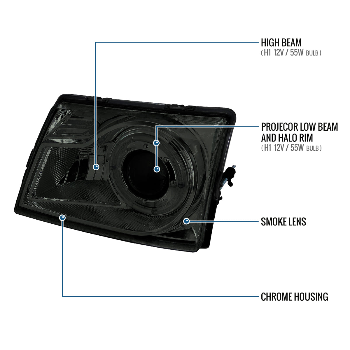 Ronnin - Fits 1998-2000 Ford Ranger LED Halo Rims Projector Headlights Head Lamps Replacement Pair | Smoke