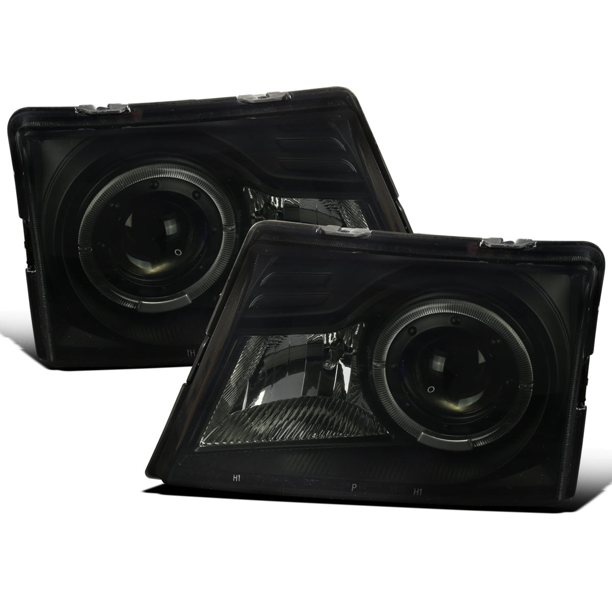 Ronnin - Fits 1998-2000 Ford Ranger LED Halo Rims Projector Headlights Head Lamps Replacement Pair | Black Smoke